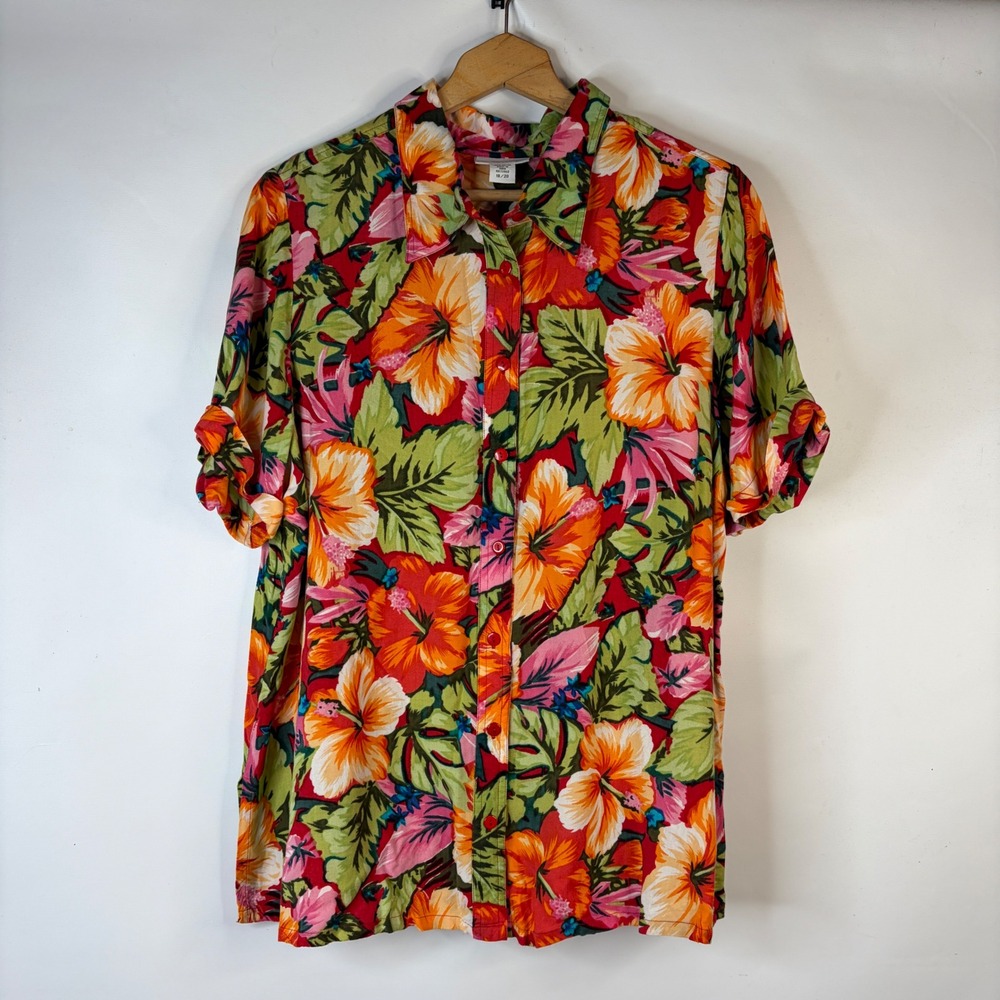 Avenue Button Down Shirt Womens 18/20 Red Tropical Hibiscus Rayon Hawaiian